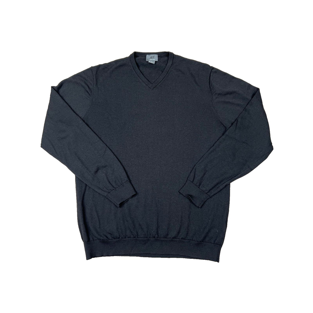 H&M 100% Wool Men's Casual Pullover V Neck Sweater, Black, Size XL Pre-loved